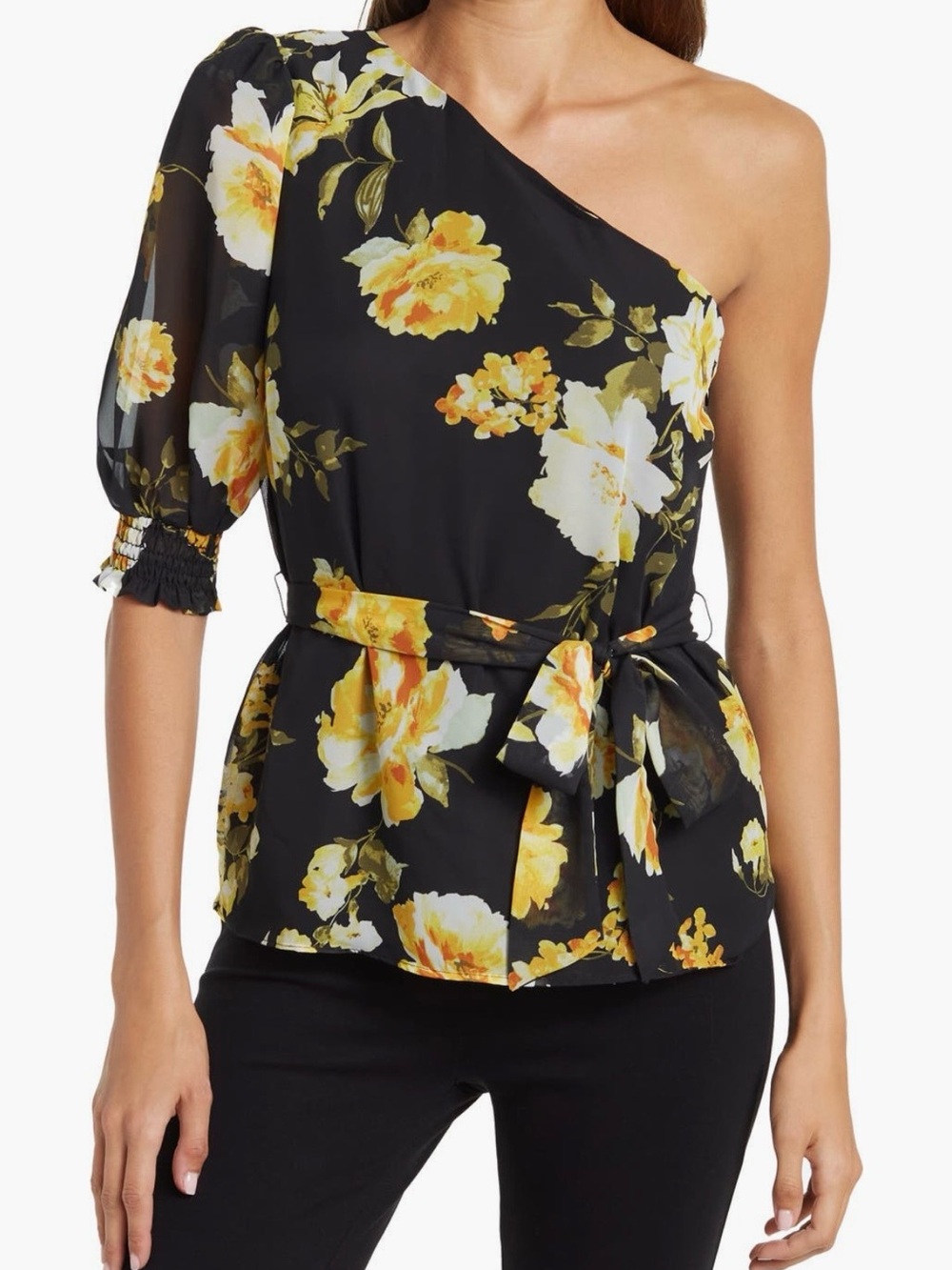 GibsonLook One-Shoulder Black Floral Belted Blouse (M)